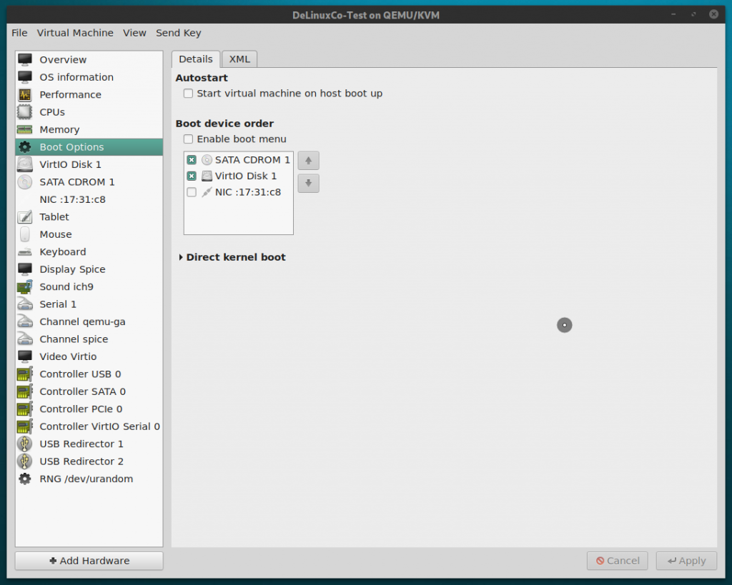 Virt-manager, boot menu