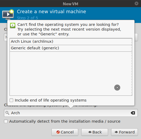 Virt-manager, select OS type