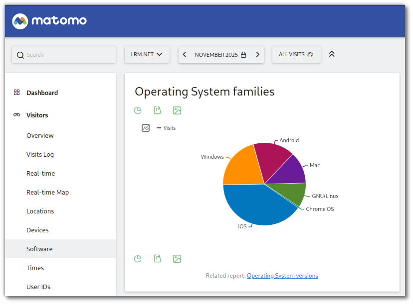 Dashboard view displaying operating system family statistics from November 2025, showcasing the distribution of visits among various operating systems including Windows, GNU/Linux, Mac, iOS, Android, and Chrome OS.