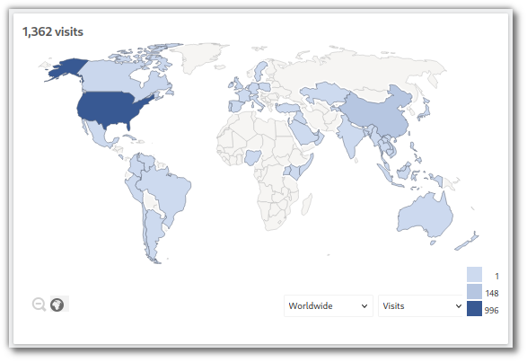 World map highlighting regions with varying visit counts, showing darker shades for higher visitor numbers.
